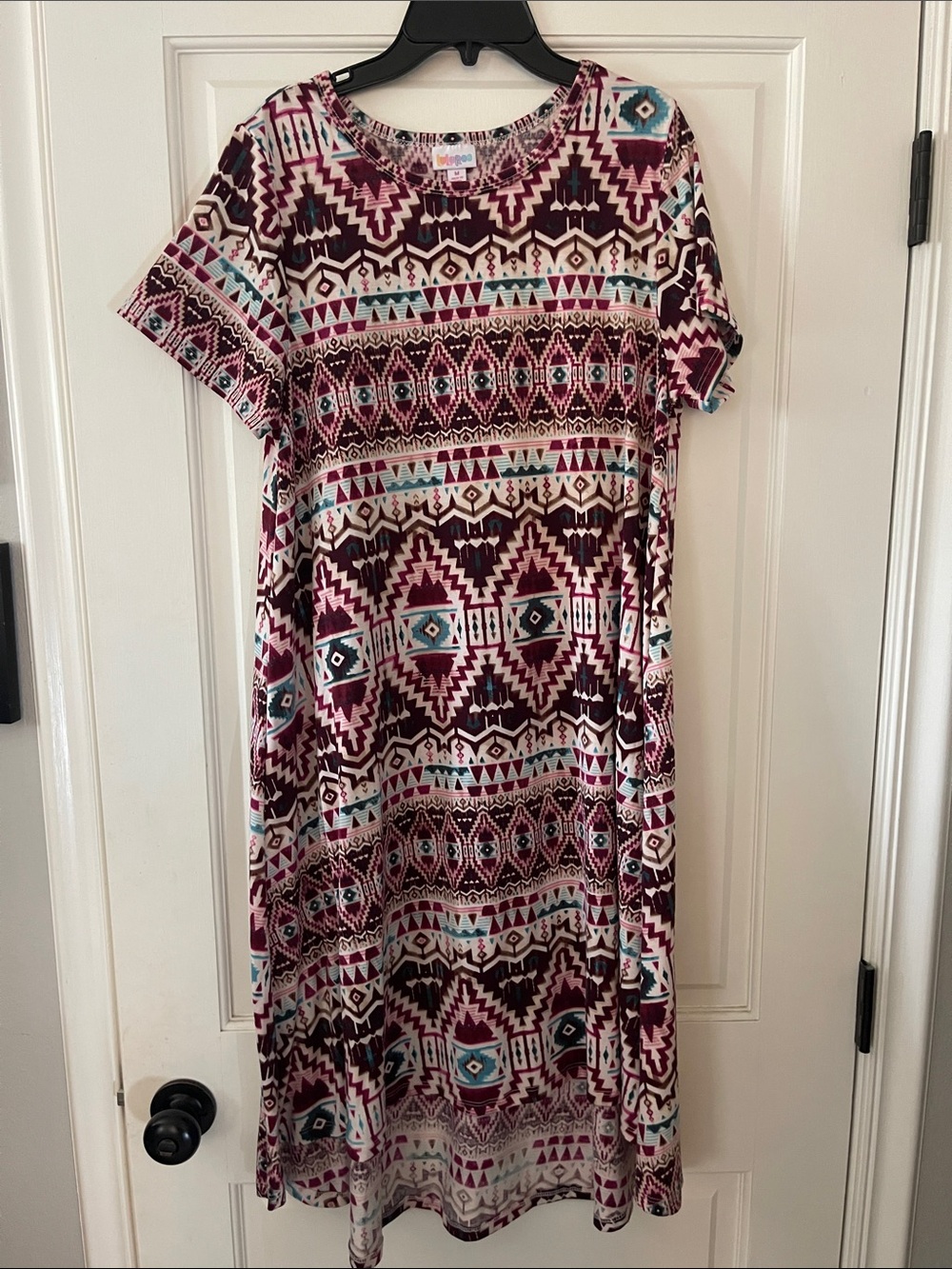 Lularoe Carly Women's Aztec Print Short Sleeve Dress in Burgundy and Teal